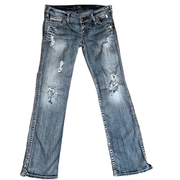 Silver McKenzie Flap Distressed Sequin & Embroidered Straight Leg Jeans - Picture 4 of 10